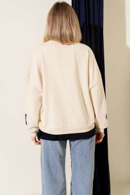 The Jolly Day Nakışlı Salaş Sweatshirt Bej - Thumbnail