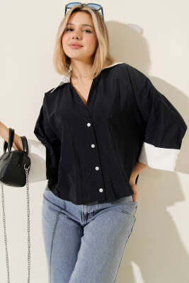 Pazarium - Duble Kol Oversize Kısa Gömlek Lacivert