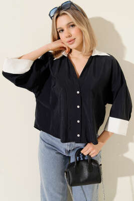 Duble Kol Oversize Kısa Gömlek Lacivert - Thumbnail