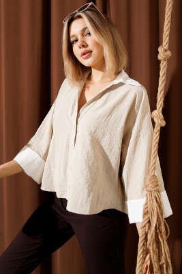 Duble Kol Oversize Kısa Gömlek Bej - Thumbnail