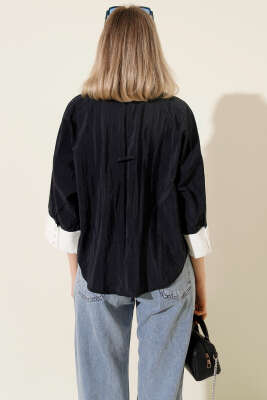 Duble Kol Oversize Kısa Gömlek Lacivert - Thumbnail