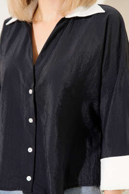 Duble Kol Oversize Kısa Gömlek Lacivert - Thumbnail