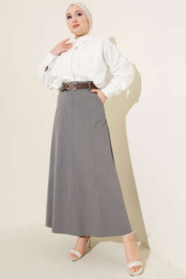 Çımalı Kemerli Basic Etek Gri - Thumbnail