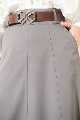 Çımalı Kemerli Basic Etek Gri - Thumbnail