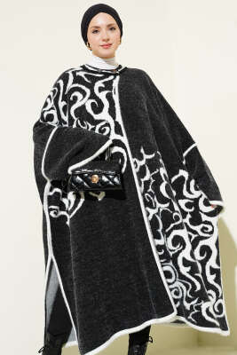 Angora Detaylı Yaka Düğmeli Panço Siyah Beyaz - Thumbnail