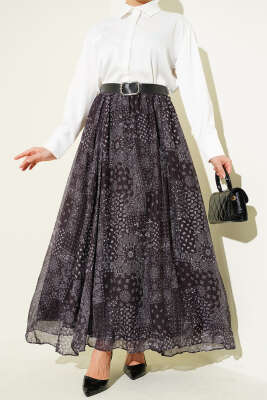 Etnik Desenli Kemerli Kloş Etek Siyah - Thumbnail