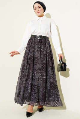 Etnik Desenli Kemerli Kloş Etek Siyah - Thumbnail