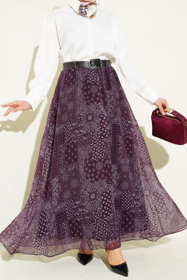 Pazarium - Etnik Desenli Kemerli Kloş Etek Mor