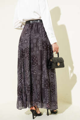 Etnik Desenli Kemerli Kloş Etek Siyah - Thumbnail