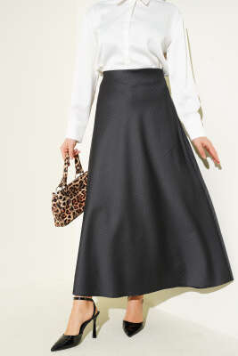 Pazarium - Çizgili Bel Lastikli Saten Etek Siyah