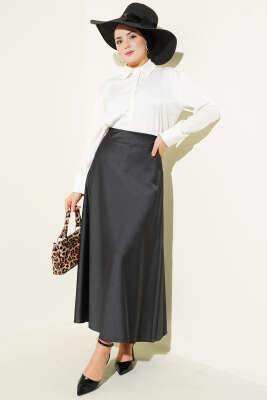 Çizgili Bel Lastikli Saten Etek Siyah - Thumbnail