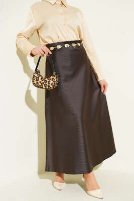 Pazarium - Çizgili Bel Lastikli Saten Etek Kahve