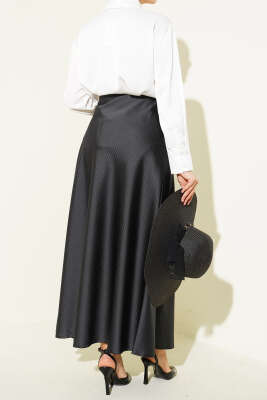 Çizgili Bel Lastikli Saten Etek Siyah - Thumbnail