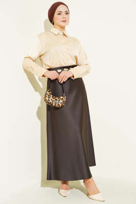 Çizgili Bel Lastikli Saten Etek Kahve - Thumbnail