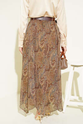 Etnik Desenli Kemerli Şifon Etek Camel - Thumbnail