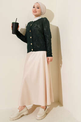 Düğmeli Ajurlu Kısa Triko Hırka Zümrüt - Thumbnail