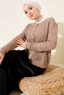 Düğmeli Ajurlu Kısa Triko Hırka Vizon - Thumbnail