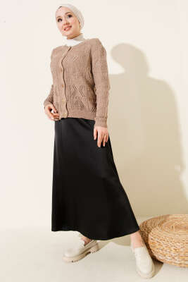 Düğmeli Ajurlu Kısa Triko Hırka Vizon - Thumbnail