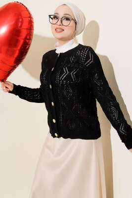 Pazarium - Düğmeli Ajurlu Kısa Triko Hırka Siyah