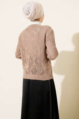 Düğmeli Ajurlu Kısa Triko Hırka Vizon - Thumbnail