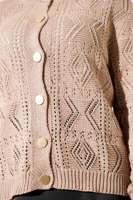 Düğmeli Ajurlu Kısa Triko Hırka Vizon - Thumbnail