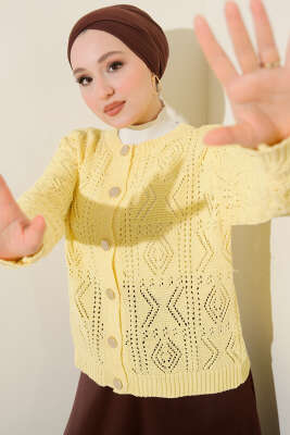 Düğmeli Ajurlu Kısa Triko Hırka Sarı - Thumbnail