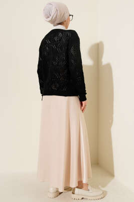 Düğmeli Ajurlu Kısa Triko Hırka Siyah - Thumbnail