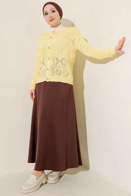 Düğmeli Ajurlu Kısa Triko Hırka Sarı - Thumbnail