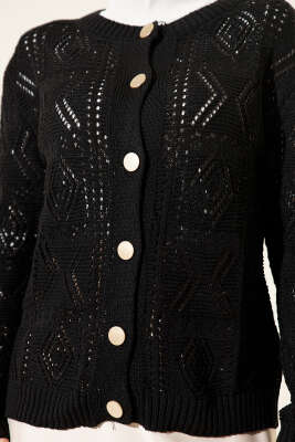 Düğmeli Ajurlu Kısa Triko Hırka Siyah - Thumbnail