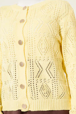 Düğmeli Ajurlu Kısa Triko Hırka Sarı - Thumbnail