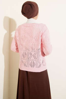 Düğmeli Ajurlu Kısa Triko Hırka Pembe - Thumbnail