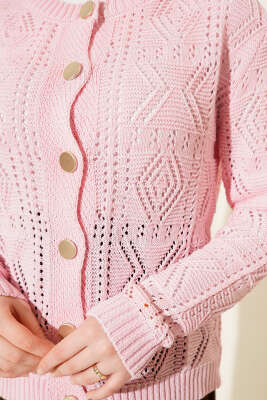 Düğmeli Ajurlu Kısa Triko Hırka Pembe - Thumbnail