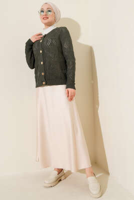 Düğmeli Ajurlu Kısa Triko Hırka Nefti - Thumbnail