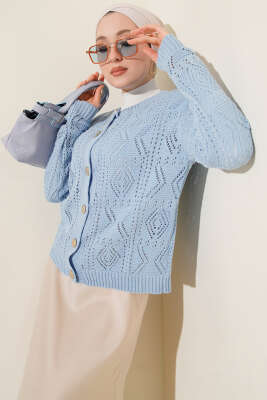 Düğmeli Ajurlu Kısa Triko Hırka Mavi - Thumbnail