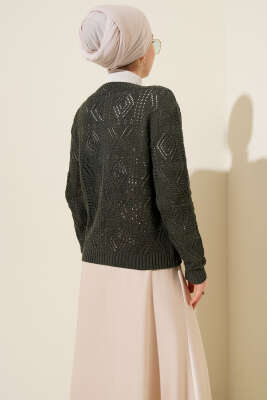 Düğmeli Ajurlu Kısa Triko Hırka Nefti - Thumbnail