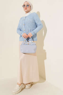 Düğmeli Ajurlu Kısa Triko Hırka Mavi - Thumbnail