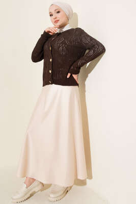 Düğmeli Ajurlu Kısa Triko Hırka Kahve - Thumbnail