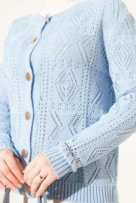 Düğmeli Ajurlu Kısa Triko Hırka Mavi - Thumbnail