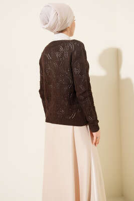 Düğmeli Ajurlu Kısa Triko Hırka Kahve - Thumbnail