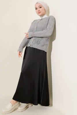 Düğmeli Ajurlu Kısa Triko Hırka Gri - Thumbnail