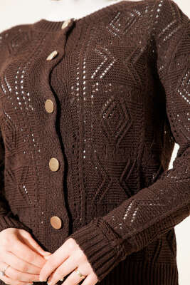 Düğmeli Ajurlu Kısa Triko Hırka Kahve - Thumbnail