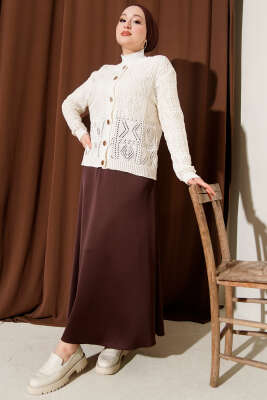 Düğmeli Ajurlu Kısa Triko Hırka Ekru - Thumbnail