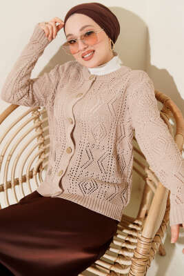 Düğmeli Ajurlu Kısa Triko Hırka Bej - Thumbnail