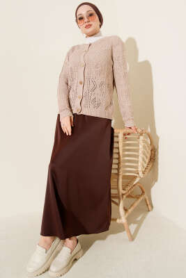 Düğmeli Ajurlu Kısa Triko Hırka Bej - Thumbnail