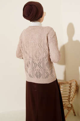 Düğmeli Ajurlu Kısa Triko Hırka Bej - Thumbnail