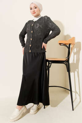 Düğmeli Ajurlu Kısa Triko Hırka Antrasit - Thumbnail