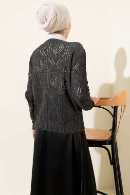 Düğmeli Ajurlu Kısa Triko Hırka Antrasit - Thumbnail