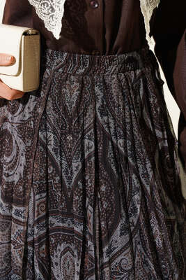 Etnik Desen Asimetrik Şifon Etek Kahve - Thumbnail