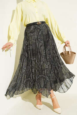 Pazarium - Etnik Desen Asimetrik Şifon Etek Haki