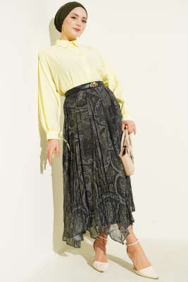 Etnik Desen Asimetrik Şifon Etek Haki - Thumbnail